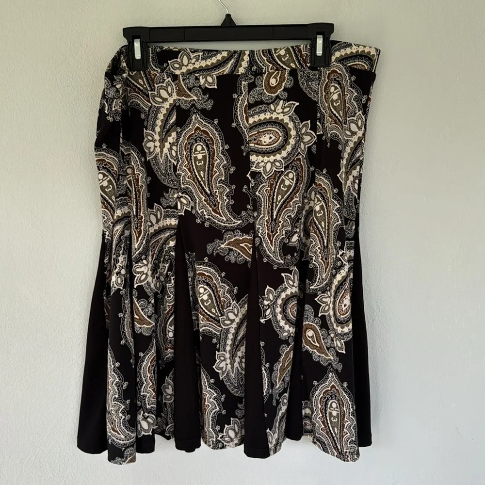 Sami & Jo black green paisley print pleated stretch a-line skirt size XL